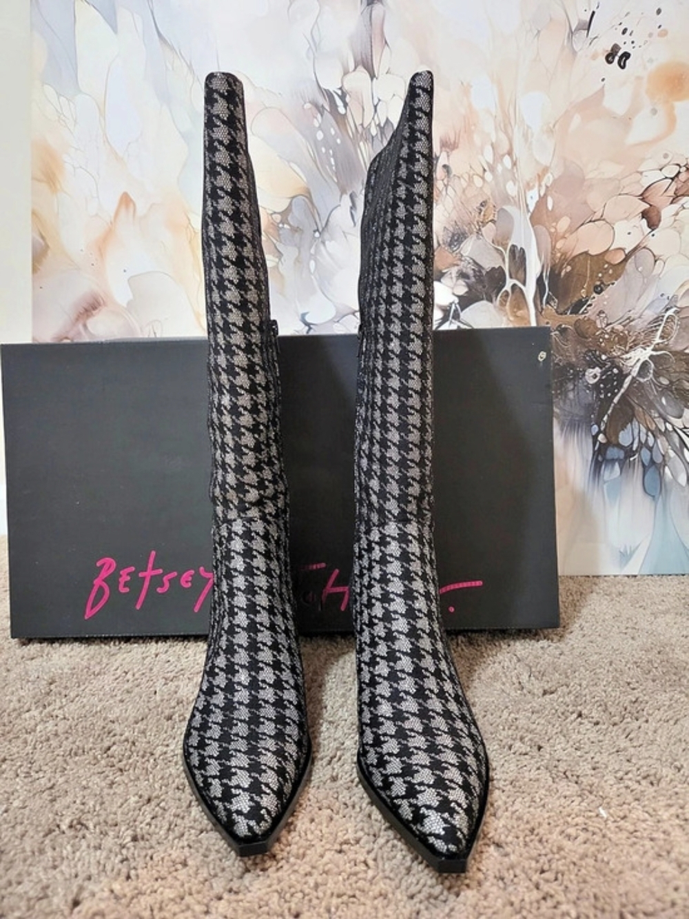 Betsey Johnson Pamela Houndstooth Heeled Boots Black & Silver US 8.5
